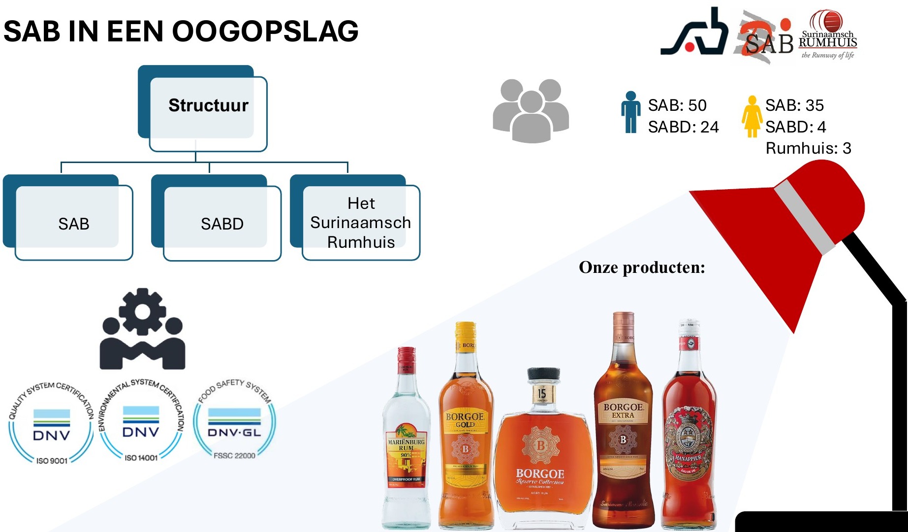 Infographic met SAB-structuur, mannelijke en vrouwelijke medewerkersaantallen per onderdeel, certificeringen en producten