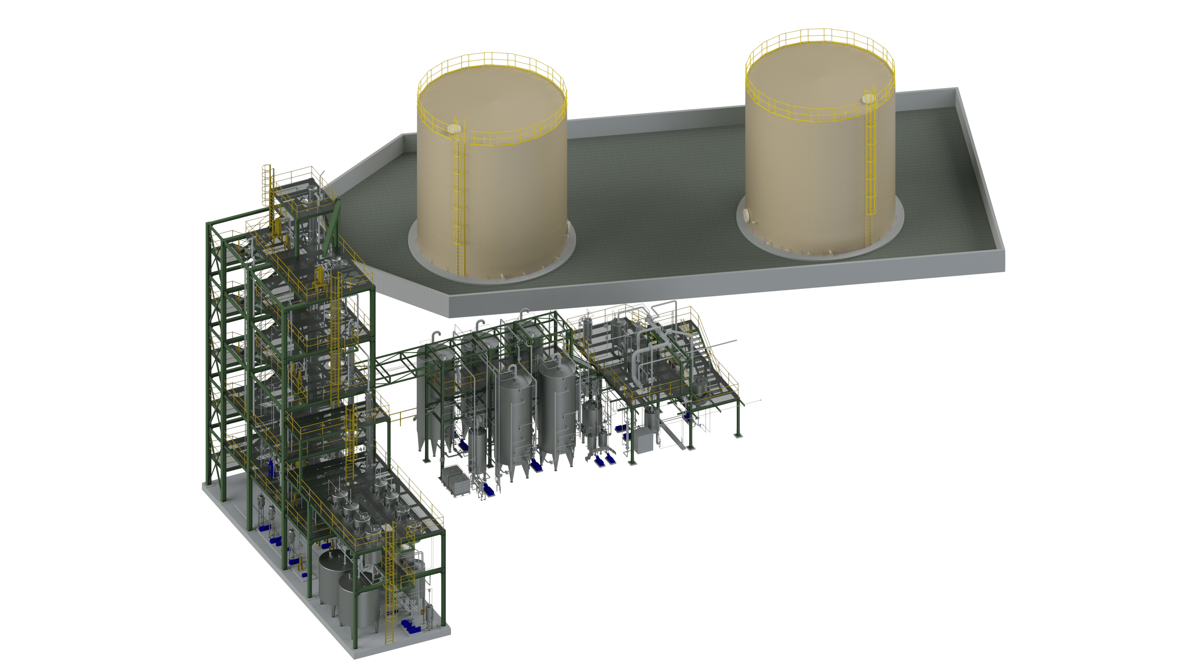 Volledige installatie met opslagtanks en productiehallen